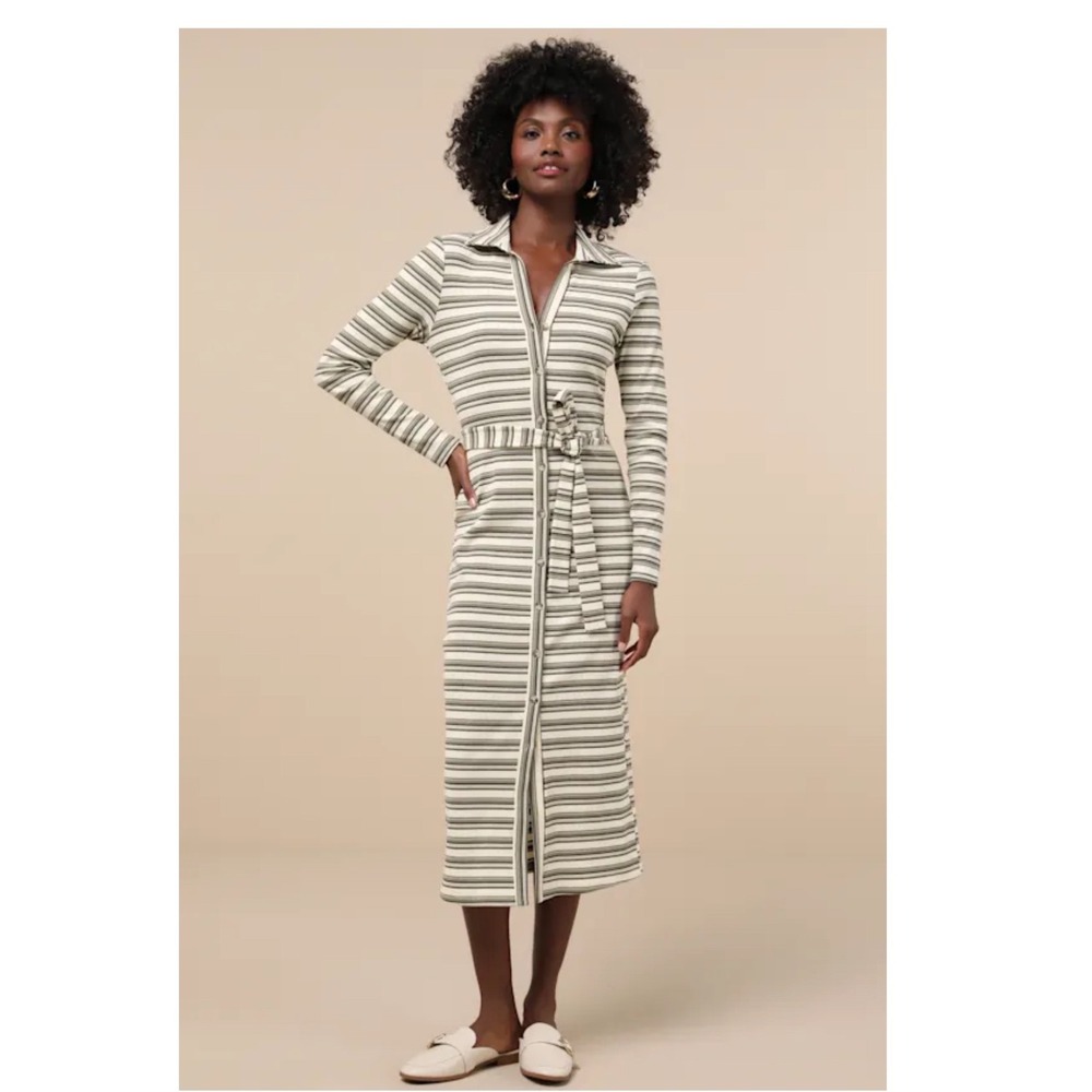 Lulus Ivory and Olive Striped Ribbed Button Front Tie Waist Midi Dress Preppy XL